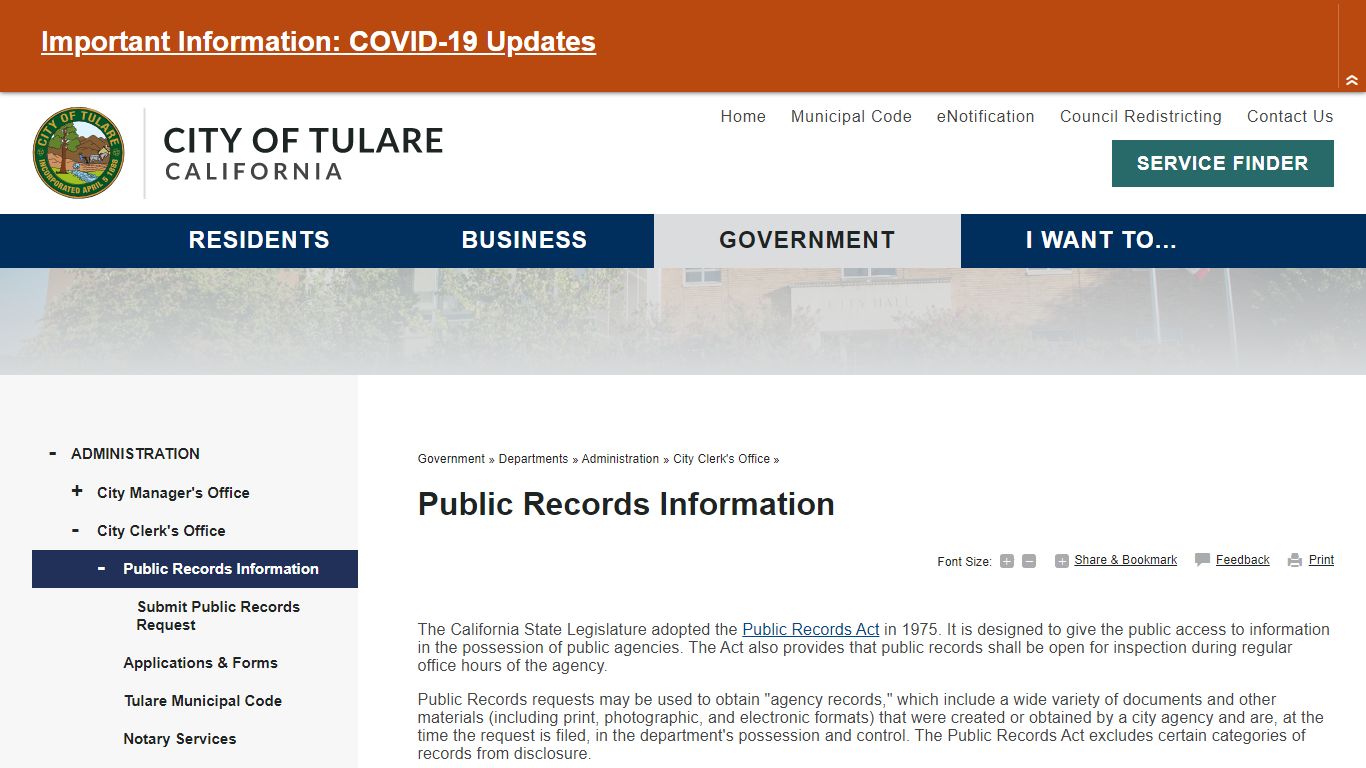 Public Records Information | City of Tulare